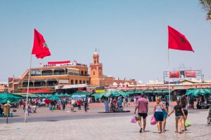 Marrakesh, Morocco - July 25th 2018 : view of walk alley in Jamaa el fna square