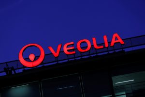 A logo on the windows of the Veolia Environnement headquarters in Paris